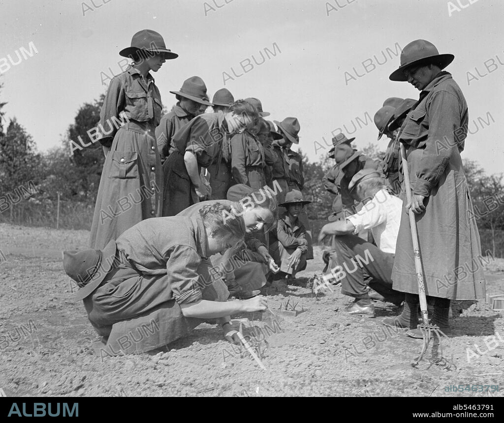 National Women's Defense League Camp: women planting seeds in a garden ca. between 1909 and 1923.