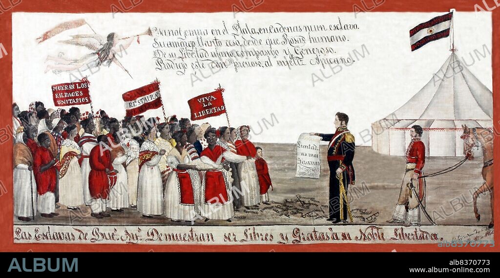 Juan Manuel de Rosas (30 March 1793 14 March 1877) was a politician and army officer who ruled Buenos Aires Province and briefly the Argentine Confederation.<br/><br/>. Although born into a wealthy family, Rosas independently amassed a personal fortune, acquiring large tracts of land in the process. Rosas enlisted his workers in a private militia, as was common for rural proprietors, and took part in the factious disputes that led to numerous civil wars in his country. Victorious in warfare, personally influential, and with vast landholdings and a loyal private army, Rosas became the quintessential <i>caudillo</i>, as provincial warlords in the region were known.<br/><br/>. In fact, far from being a 'liberator', Black people did not experience any improvement in their conditions under his totalitarian regime. Rosas was himself a slave-owner, and helped revive the slave trade. Despite doing little to promote their interests, he remained popular among blacks and gauchos. He employed blacks, patronized their festivities and attended their religious ceremonies.