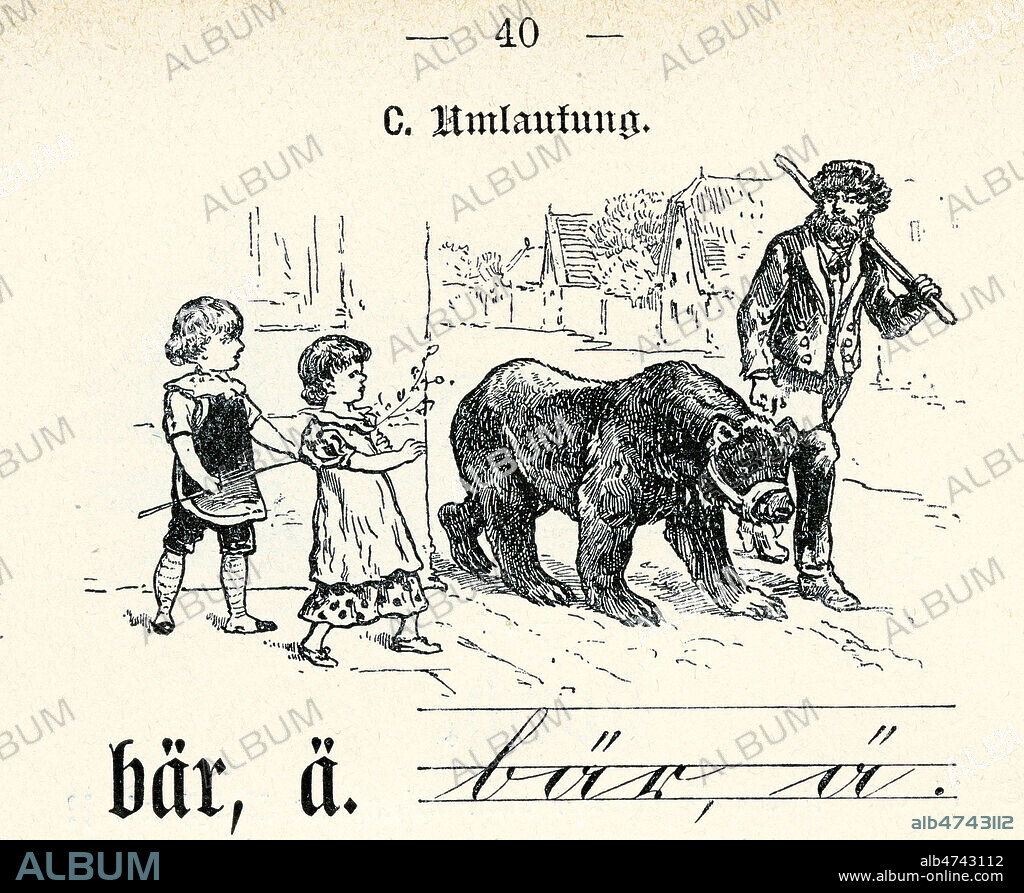 Montreur d'ours. Illustration anonyme de 1893 pour un livre de lecture allemand 'Illustrierte Fiebel' par Rudolf DIETLEIN . (19e, 19eme, XIXe s.) Credit : Jean Vigne / KHARBINE-TAPABOR.