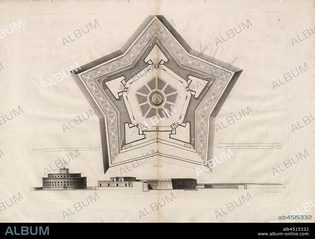 Plan and elevation of a fortification 3, Copper engraving, fortification according to Francesco Marchi, Taf. L, Marini, Luigi (ill.), 1810, Architettura militare di Francesco de' Marchi: illustrata da Luigi Marini. Roma: da' Torchi di Mariano de Romanis e figli, 1810.