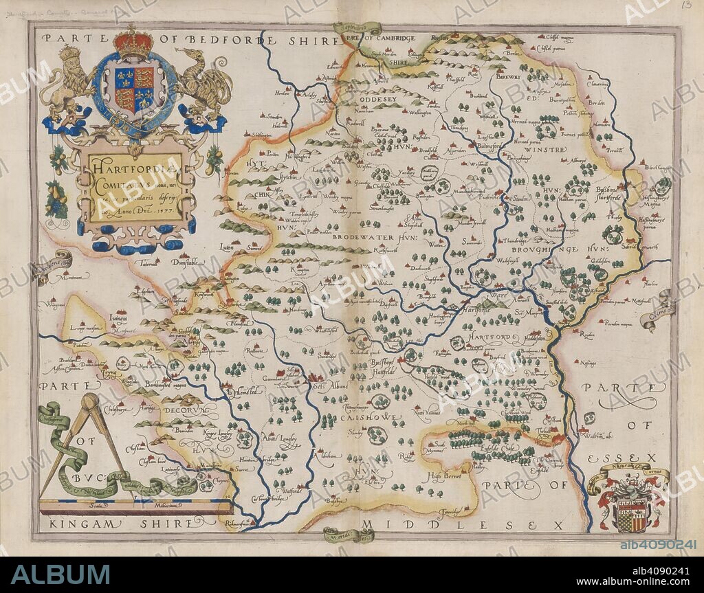 CHRISTOPHER SAXTON. Hertfordshire. Atlas of the Counties of England and Wales. London, 1579. Map of Hertfordshire. Image taken from Atlas of the Counties of England and Wales. Originally published/produced in 1579. Source: Maps.C.3.bb.5, 13.