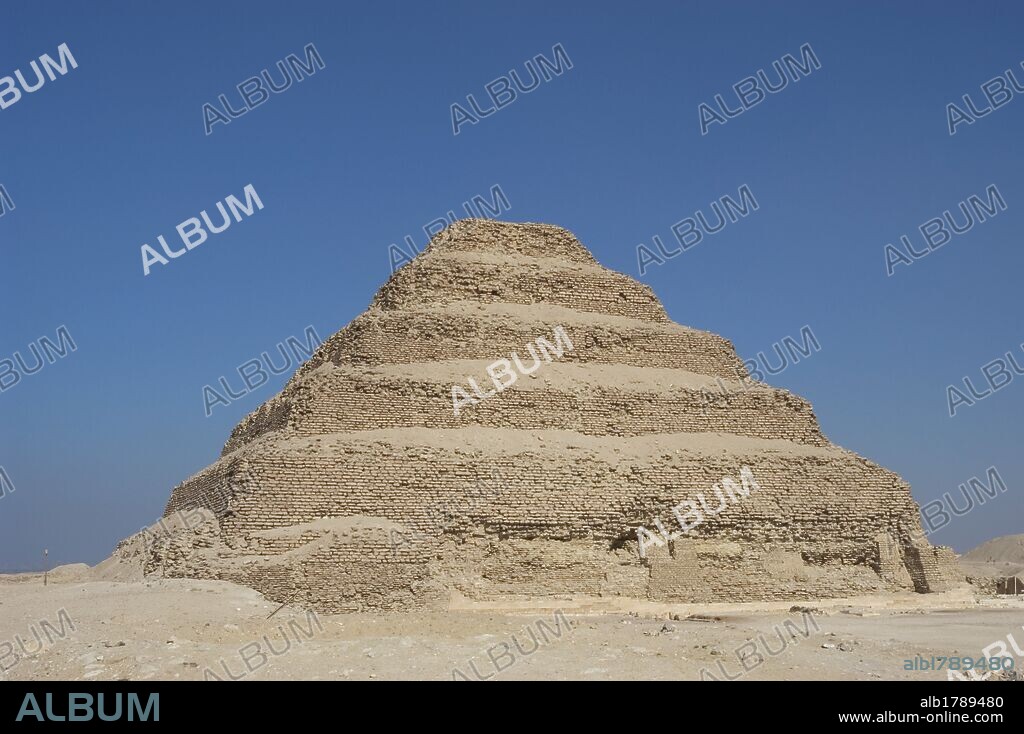 Egypt. Saqqara necropolis. The Pyramid of Djoser (Zoser) or step pyramid. Built in 27th century BC  as a burial of Pharaoh Djoser by Imhotep, his vizier. Third dynasty. Old Kingdom.