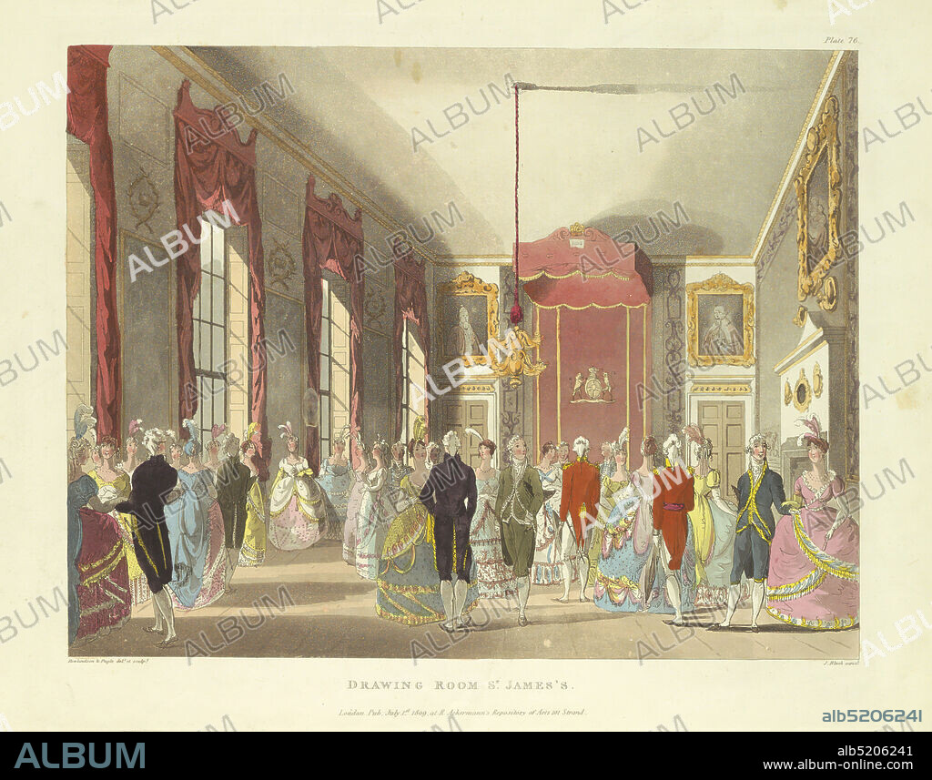 Drawing Room St. James's, from 'Ackermann's Repository', Thomas Rowlandson, British, 17561827, Augustus Charles Pugin, French, active Great Britain, ca. 17621832, John Bluck, British, 17911832, Aquatint, brush and watercolor on paper, Men in coattails and women in ball gowns, standing and conversing in a large room with red draperies and gilt framed paintings. Title, artists' and publishers' names below. Title, artists', and publisher's names below., Europe, London, England, 1809, Print, Print.