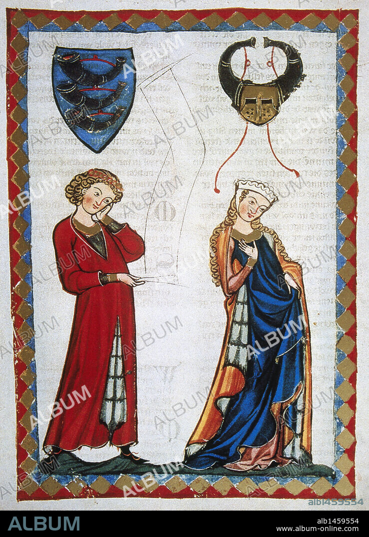 Gottfried Von Neifen, poet of Henry VII and the Emperor Frederick II, rejected by a married lady. On the left, the emblem of the poet. Codex Manesse (ca.1300) by Rudiger Manesse and his son Johannes. Fol. 32v. University of  Heidelberg. Library. Germany.