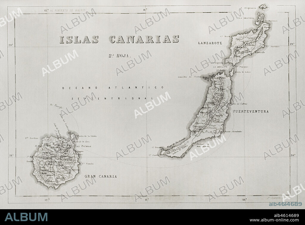 History of Spain. Map of the Canary Islands. Islands of Gran Canaria, Lanzarote and Fuerteventura. Engraving. Crónica General de España, Historia Ilustrada y Descriptiva de sus Provincias (General Chronicle of Spain, Illustrated and Descriptive History of its Provinces), Canaries, 1871.