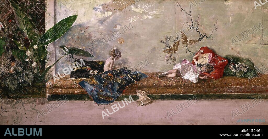 MARIANO FORTUNY. LOS HIJOS DEL PINTOR, MARIA LUISA Y MARIANO EN EL SALON JAPONES - 1874 - OLEO/LIENZO - 44x93 cm - NP 2931.