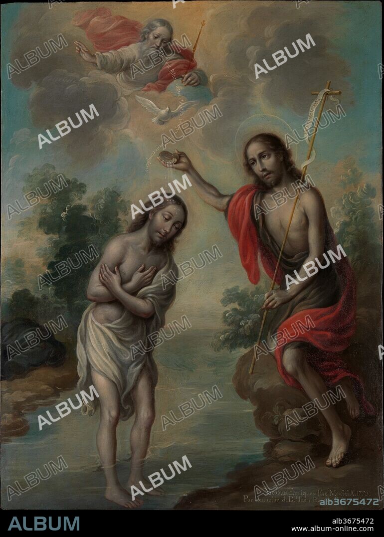 NICOLÁS ENRÍQUEZ. The Baptism of Christ. Artist: Nicolás Enríquez (Mexican, 1704-1790). Dimensions: 22 1/4 × 16 1/2 in. (56.5 × 41.9 cm)
Framed: 25 1/4 × 19 3/4 × 1 1/2 in. (64.1 × 50.2 × 3.8 cm). Date: 1773.
In 1773 Nicolás Enríquez created a set of five paintings (see 2014.171-.175) for the private devotional use of Juan Bautista Echeverría, a Spanish-born merchant.  Echeverría's choice of subject matter is highly personal, reflecting both his Basque roots and his extended residence in Mexico. Enríquez lavished special attention on the painting of Echeverría's namesake, St. John the Baptist. The painter took care to detail the crystalline drops of water poured on Christ's head and to show his feet submerged in the flowing water of the river. An inscription avows that the image was painted because of its owner's devotion.