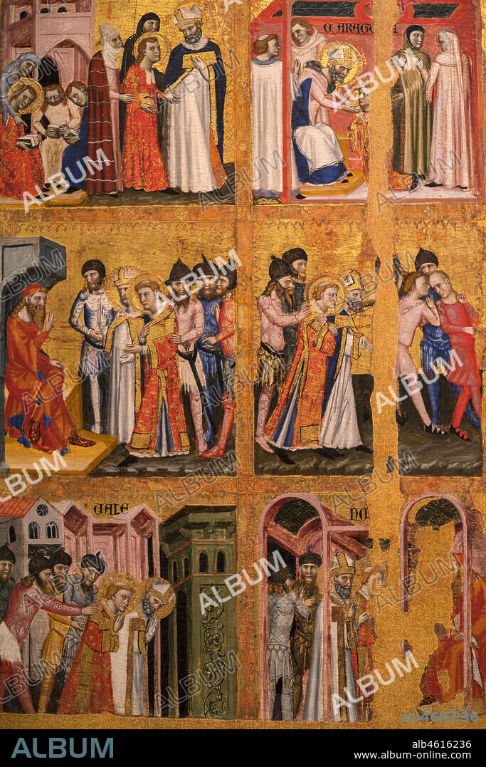 Gothic medieval art in the National Art Museum of Catalonia,Barcelona.master of Estopanyà (Italian painter), altarpiece of San Vicente (1350-1370).