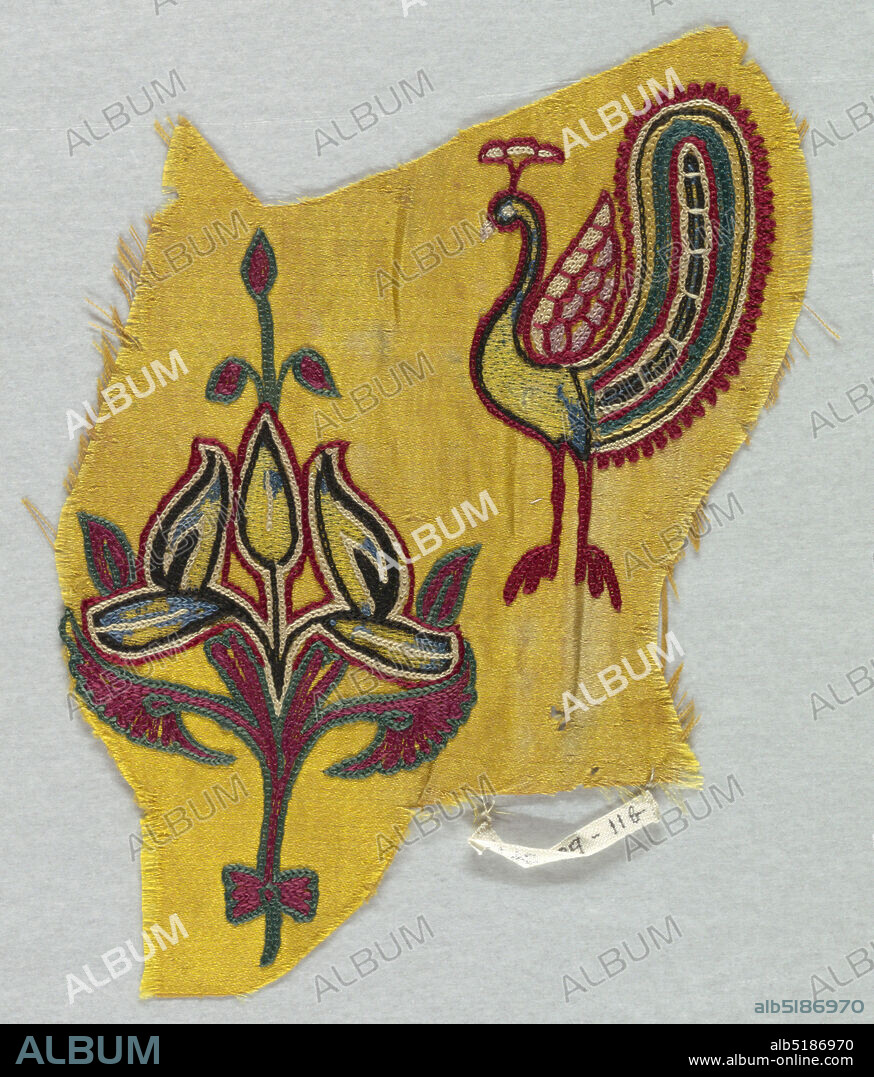 Fragment, Medium: silk Technique: chain stitch embroidery on satin weave, Yellow satin embroidered in chain stitch with a design of a peacock and a floral ornament., India, 19th century, embroidery & stitching, Fragment.