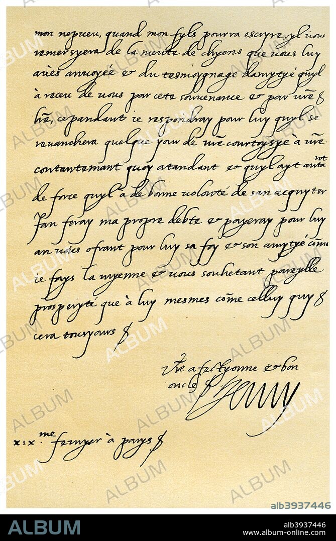 Letter from Henry IV of France to Henry, Prince of Wales, 19th February 1606. Letter written from Paris by Henry IV of France to Henry, Prince of Wales, thanking him on behalf of the Dauphin, his son (who was too young to write in person), for the present of a pack of hounds. The Prince of Wales, son of King James I, died from typhoid at the age of eighteen. From the third series of Facsimiles of royal, historical, literary and other autographs in the Department of Manuscripts, British Museum: Series I-V, (London, 1899).