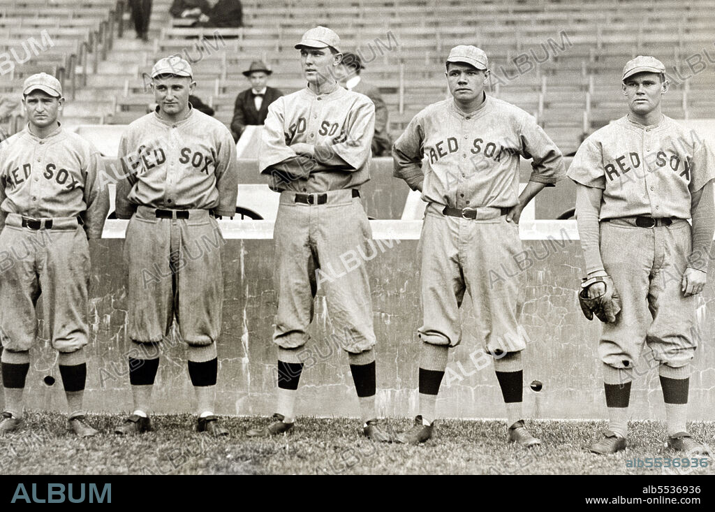 George "Rube" Foster, Carl Mays, Ernie Shore, George Herman "Babe" Ruth, Hubert Benjamin "Dutch" Leonard, full-length Portrait in Boston Red Sox Baseball Uniforms, Underwood & Underwood, 1915.