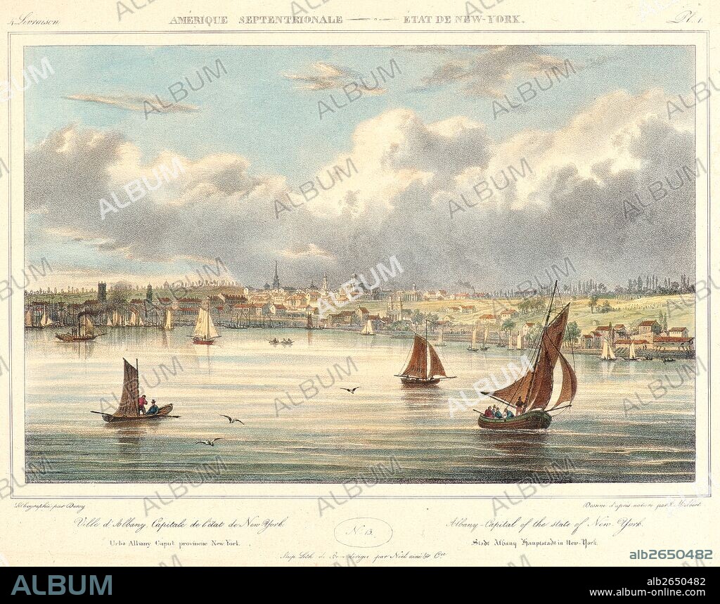 Isidore-Laurent Deroy (French, 1797 - 1886) after Jacques Gerard Milbert (French, 1766 - 1840). Albany—Capital of the State of New York, 1827-1828. From Itinéraire Pittoresque du Fleuve Hudson et des Parties Latérales de l'Amérique d. Lithograph with hand coloring on wove paper mounted on wove paper. Image: 185 mm x 284 mm (7.28 in. x 11.18 in.).