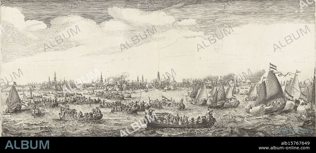Spelevaart on the IJ, 1638, Festivities during the visit of Maria de' Medici to Amsterdam in 1638 (series title), Spelevaart on the IJ. A large number of all kinds of vessels on the water, in the foreground a yacht with the queen and guests. Before the city's coat of arms and seal at the top left and right, the number 15 and the names at the bottom right. Plate 15 of the illustrations describing the festivities surrounding the visit of Maria de Medici to Amsterdam from August 31 to September 5, 1638., print, print maker: Salomon Savery, after drawing by: Simon de Vlieger, publisher: Johannes Willemszoon Blaeu, Amsterdam, 1638, paper, etching, engraving, height, 295 mm × width, 655 mm.