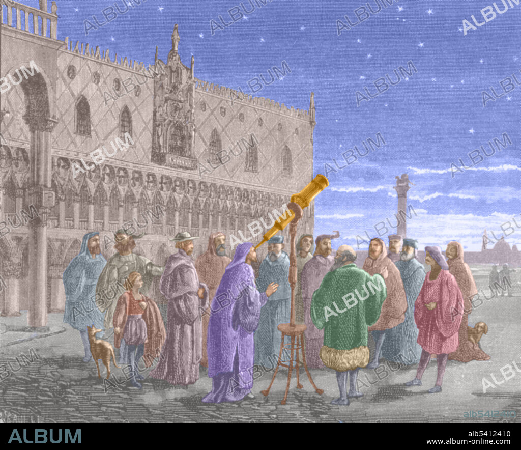 Galileo and his telescope in Venice. 1609. Galileo shows the satellites of Jupiter to Venetian senators. Galileo Galilei (February 15, 1564 - January 8, 1642) was an Italian physicist, mathematician, astronomer, and philosopher who played a major role in the Scientific Revolution. His achievements include improvements to the telescope, important astronomical observations and support for Copernicanism. Galileo has been called the "father of modern observational astronomy", the "father of modern physics", the "father of science", and "the Father of Modern Science". In 1610 he became the first person to use a telescope to make astronomical observations. He discovered the mountains on the Moon, the four largest moons of Jupiter and numerous dim stars. He studied the motion of a pendulum and found that the swings have a constant time period. He studied gravity, showing that heavy and light objects fall at the same rate. He supported the Copernican theory that the Sun was at the center of the solar system rather than the Earth. This belief was judged heretical by the Inquisition in 1633 and he was sentenced to house arrest for the rest of his life. Suffering fever and heart palpitations, he died in 1642, at the age of 77.