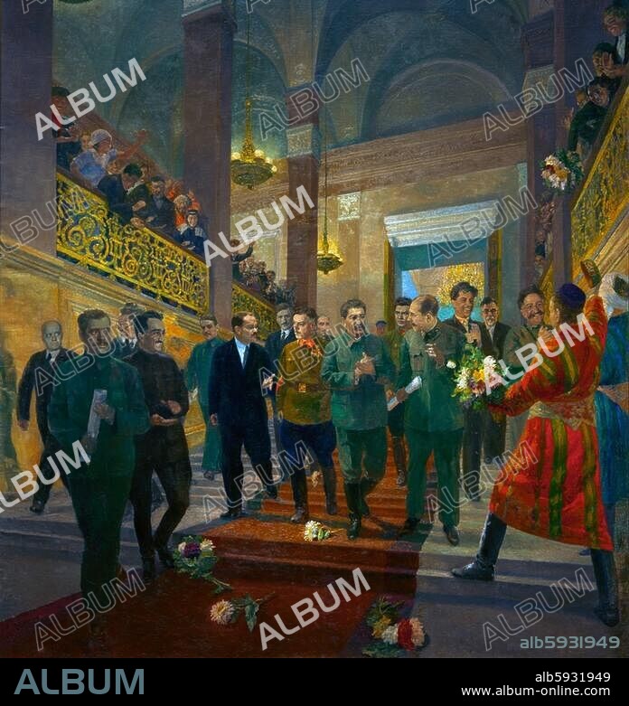 Sowjetunion / 8. Sowjetkongreß der UdSSR. (Annahme der "Stalin-Verfassung") 25. Nov. 5. Dez. 1936. - "Politbüro des ZK der Bolschewistischen Partei auf dem 8. Außerordentlichen Kongreß der Sowjets" (u. a. J.Stalin, W.Molotow u. K.Woroschilow (Mitte) ). Gemälde, 1938, von Pawel Malkow (1900-1953). Öl / Lw. 324 × 282 cm. Inv. IV 80. Moskau, Staatl. Historisches Museum.