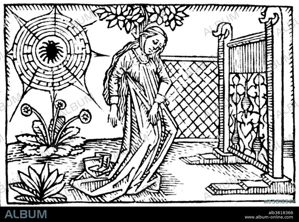 Arachne was a weaver who boasted that her skill was greater than that of Athena, the Greek goddess of wisdom, weaving, and strategy. Offended by Arachne's arrogance, Athena set a contest between the two weavers. Athena presented herself as an old lady one day and approached the boasting girl and told her to ask for forgiveness and Athena might spare her. Arachne boasted on that she wasn't afraid and that the goddess should come down and challenge her. Athena took off her disguise and the contest began. Both were very skilled with a loom, but everyone could tell Athena was better and much swifter. Athena's weaving showed four separate contests between mortals and the Gods where the Gods punished mortals for setting themselves as equals of the Gods. Arachne's weaving depicted ways that the Gods had misled and abused mortals. When they finished, Athena saw that Arachne, insulted the gods and became angry and destroys Arachne's weaving. Arachne hangs herself. Athena feels merciful and bids her life and as she leaves and sprinkles her with Hecate's potion, turning her into a spider and cursing her and all her descendants to weave for all time.