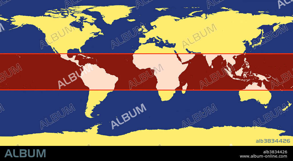 Outline of world map, showing the tropic zone (in red), which is the region between the Tropic of Cancer (at approximately 23 degrees north) and the Tropic of Capricorn (at approximately 23 degrees south). The tropics include all the areas on the earth where the sun reaches a point directly overhead at least once during the solar year.