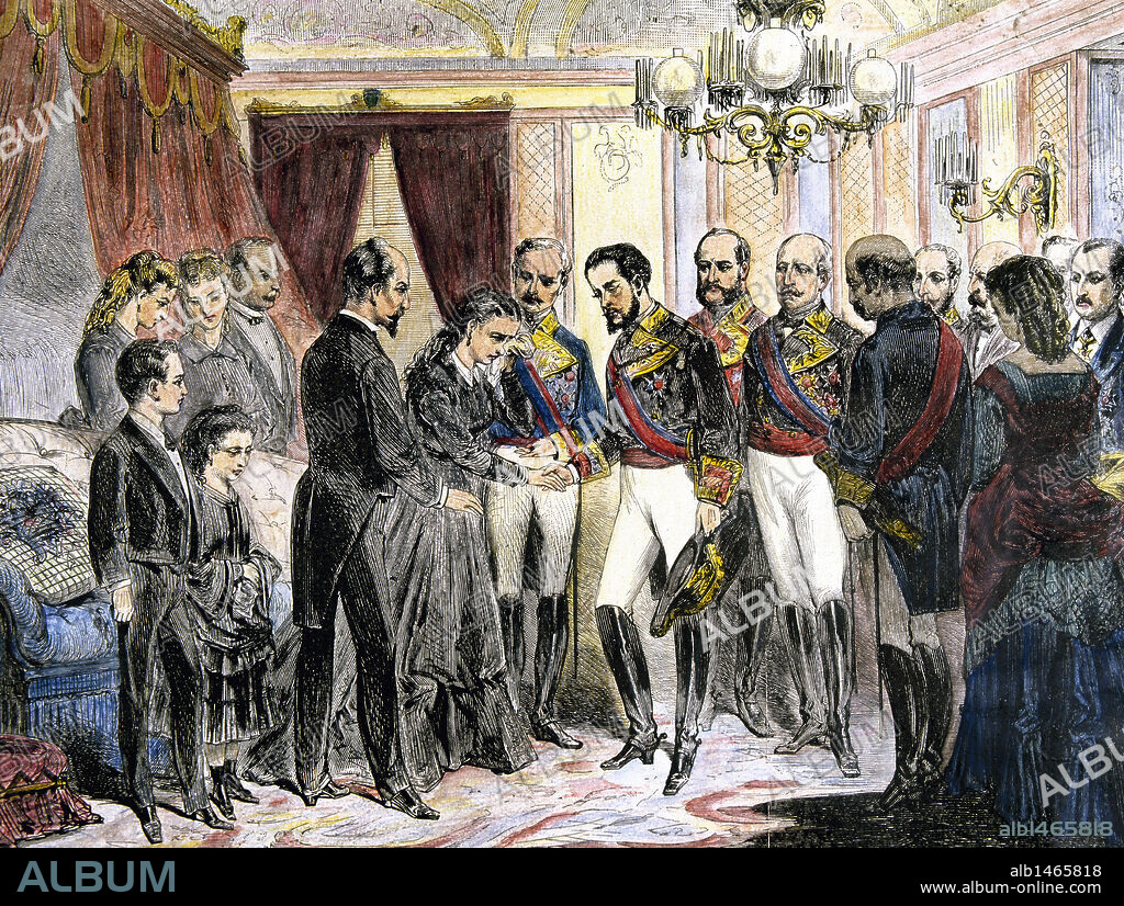 REINADO DE AMADEO I. Rey de España (1871-1873). PESAME A LA VIUDA DEL GENERAL PRIM, fallecido el 30 de diciembre de 1871 como consecuencia de las heridas sufridas en un atentado dos días antes, el 27 de diciembre. Grabado coloreado. La Ilustración Española y Americana.