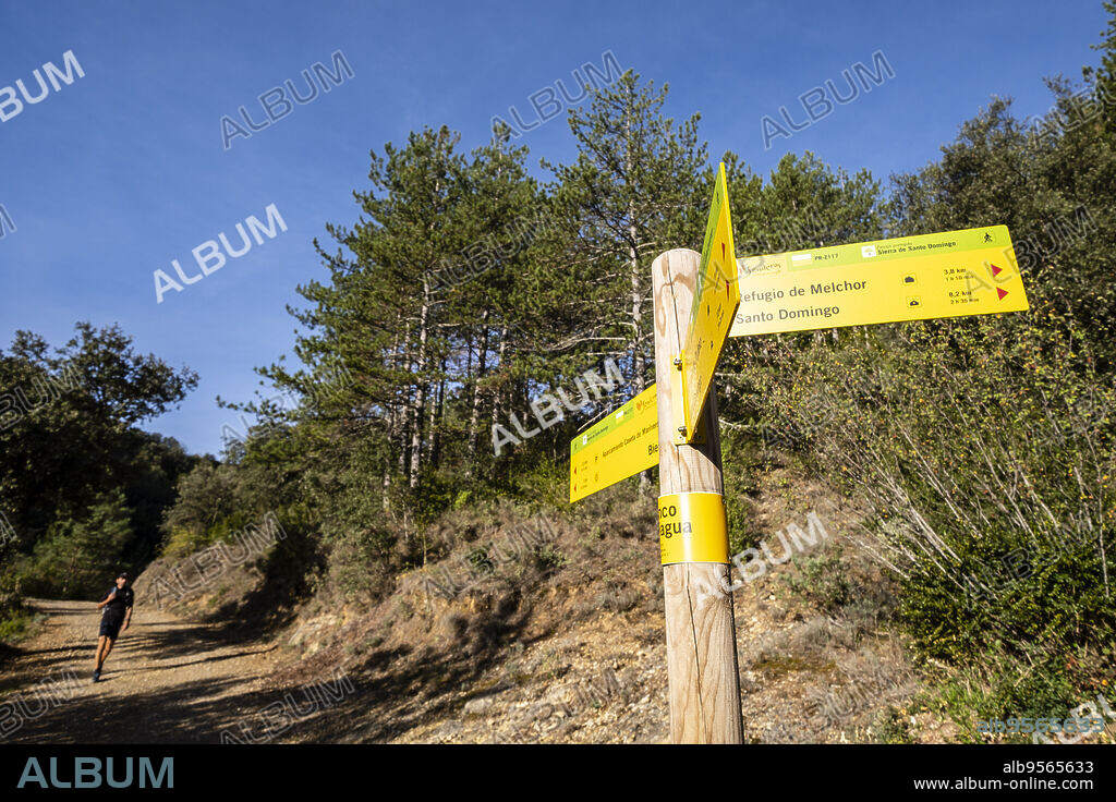Sierra de Santo Domingo protected landscape, informative sign, Biel, Cinco Villas, Aragon, Spain.