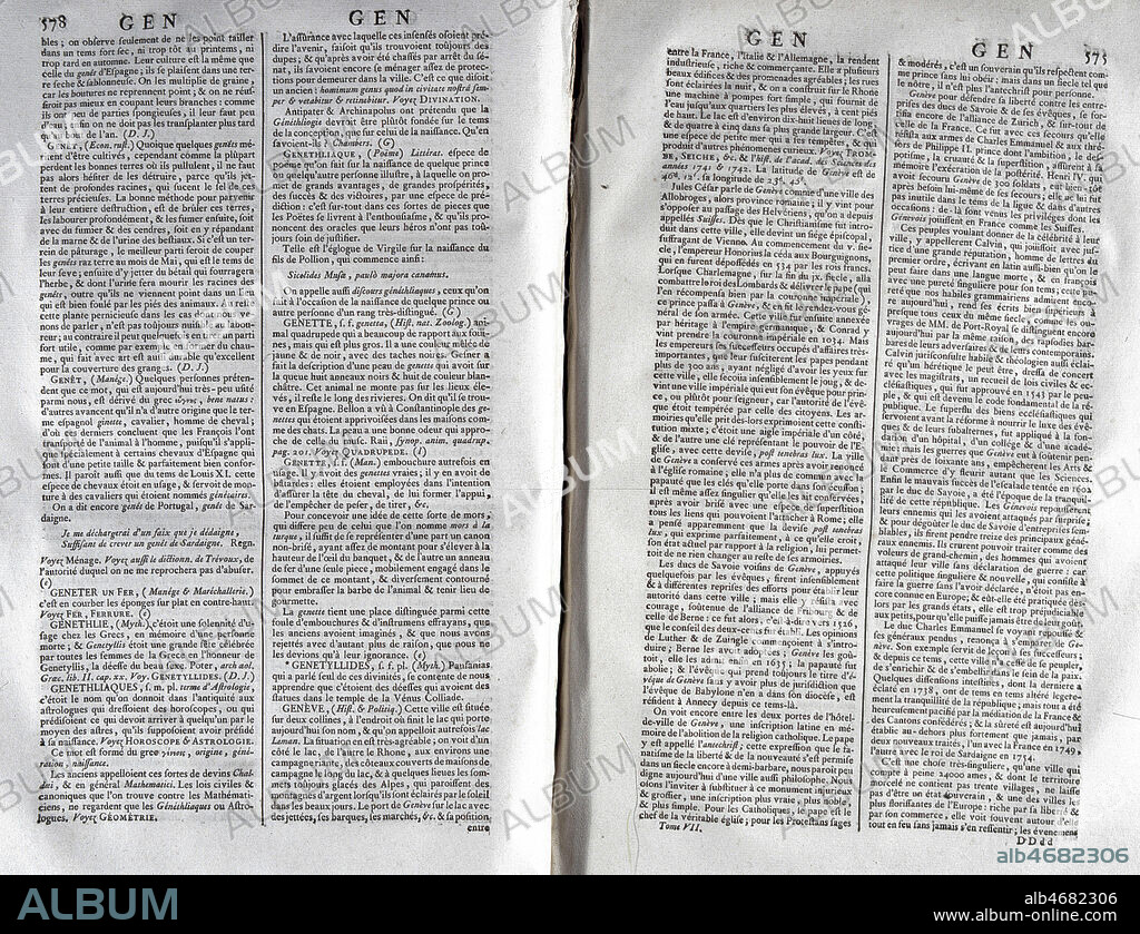 Article 'Geneve' tire de l'Encyclopedie DIDEROT et D'ALEMBERT, edition de 1751 (18e, 18eme, XVIIIe s.). Credit : JEAN VIGNE / KHARBINE-TAPABOR.