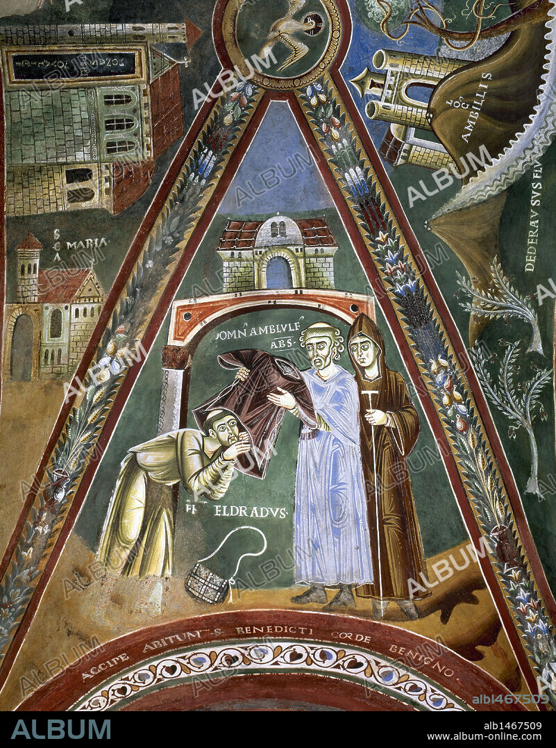 Italy. Novalesa Abbey. Chapel of Saint Eldrado and Saint Nicholas. 11th century. Fresco depicting Eldrado receiving the monastic habit from Amblulfo Abbot. Vault.