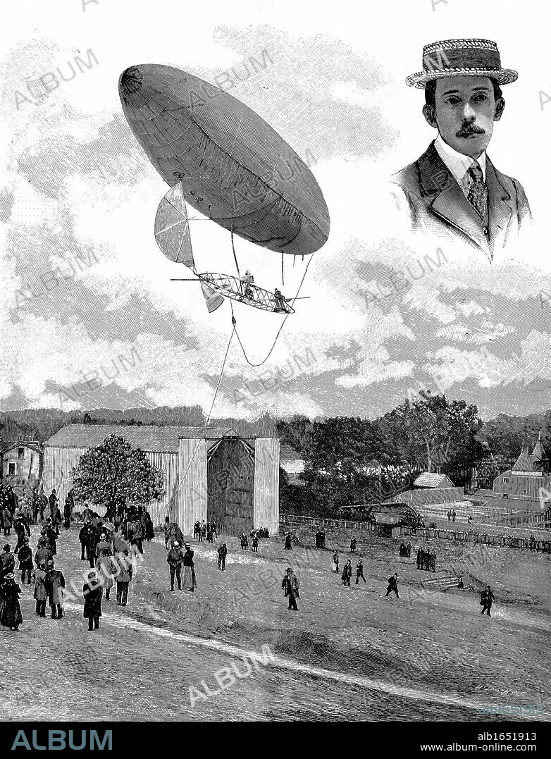 Alberto Santos-Dumont (1873-1932) Brazilian aviation pioneer. Here in his airship (dirigible) No. 6 descending at the Aero Park, Paris, after winning the Deutsch prize, 19 October 1901. Inset: Portrait. From "Scientific American", 16 November 1901.