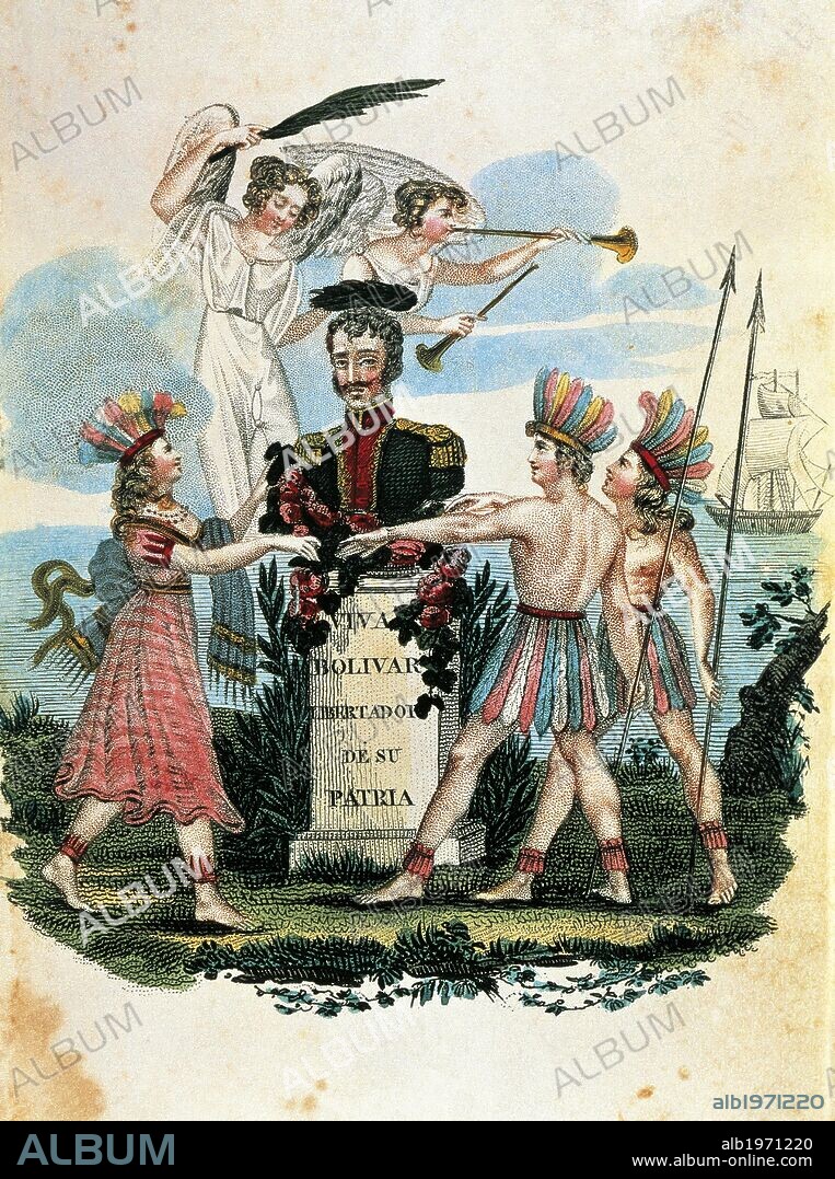 Long live Bolivar Liberator of his country, allegorical drawing. Spanish-American wars of independence, Venezuela, 19th century.
