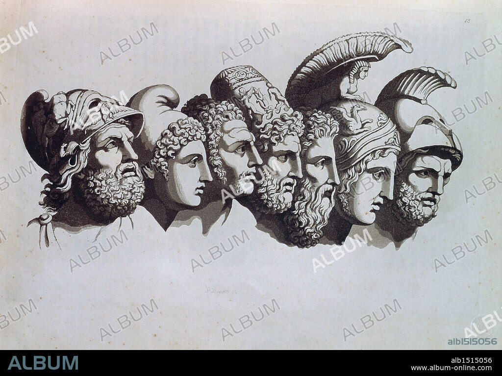 Greek civilization. The heroes of the Trojan War. From left: Agamemnon, Nestor, Ulysses, Diomedes, Pericles, Menelaus. From Giulio Ferrario, Ancient and Modern Custom of all Peoples, Milan 1827.