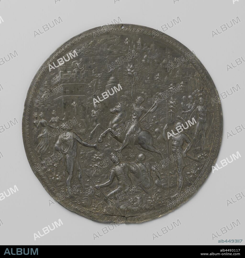 Scylla and Minos, Round, lead plaque. In the middle Minos, the besieger, seated on his horse that jumped to the left, in front of the gate of Niseia, the city that fell into his hands through betrayal of the king's daughter Scylla. She stands on the tower and shows the enemy for whom she was ignited in love, the golden hair of her father, Nisus, from which he derived his power and that she stole him at night. In the foreground two sitting and two standing soldiers. On the second plan: three women on the left, and a military procession on the right. In the background the city on the water with ships., Hans Jamnitzer (attributed to), Neurenberg, 1569, founding, d 18.5 cm.