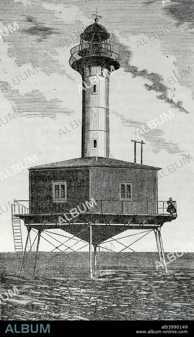 España. Cataluña. Farola del Ebro. Faro de la Punta de la Banya. Situado al sur de la desembocadura del río Ebro, en la península de la Banya, Provincia de Tarragona. Se encendió por primera vez en el 1864. Grabado. Crónica General de España, Historia Ilustrada y Descriptiva de sus Provincias. Cataluña, 1866. Biblioteca Histórico Militar de Barcelona. Cataluña, España.