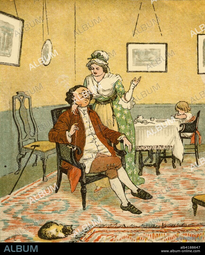 John Gilpin and his wife, 1878, (c1918). Mrs Gilpin suggsts a holiday to celebrate their twentieth wedding anniversay. John Gilpin was the subject of a comic ballad of 1782 by William Cowper entitled "The Diverting History of John Gilpin". The ballad, based on real-life character, describes how, on a journey to Edmonton (north in London), Gilpin, a draper, became separated from his wife and children after losing control of his horse, and ended up in the town of Ware, ten miles away from his intended destination. From "The Diverting History of John Gilpin", by William Cowper. [Frederick Warne and Co., London & New York, c1918].