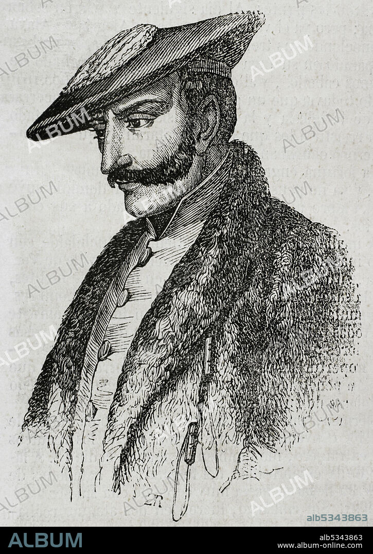 Tomás Zumalacárregui (1788-1835). Militar español. Al estallar la Primera Guerra Carlista (1833-1840) se unió a las filas del pretendiente Don Carlos, alcanzando el grado de general. Murió durante el sitio de la ciudad de Bilbao. Retrato. Grabado. Historia General de España por el Padre Mariana. Madrid, 1853.