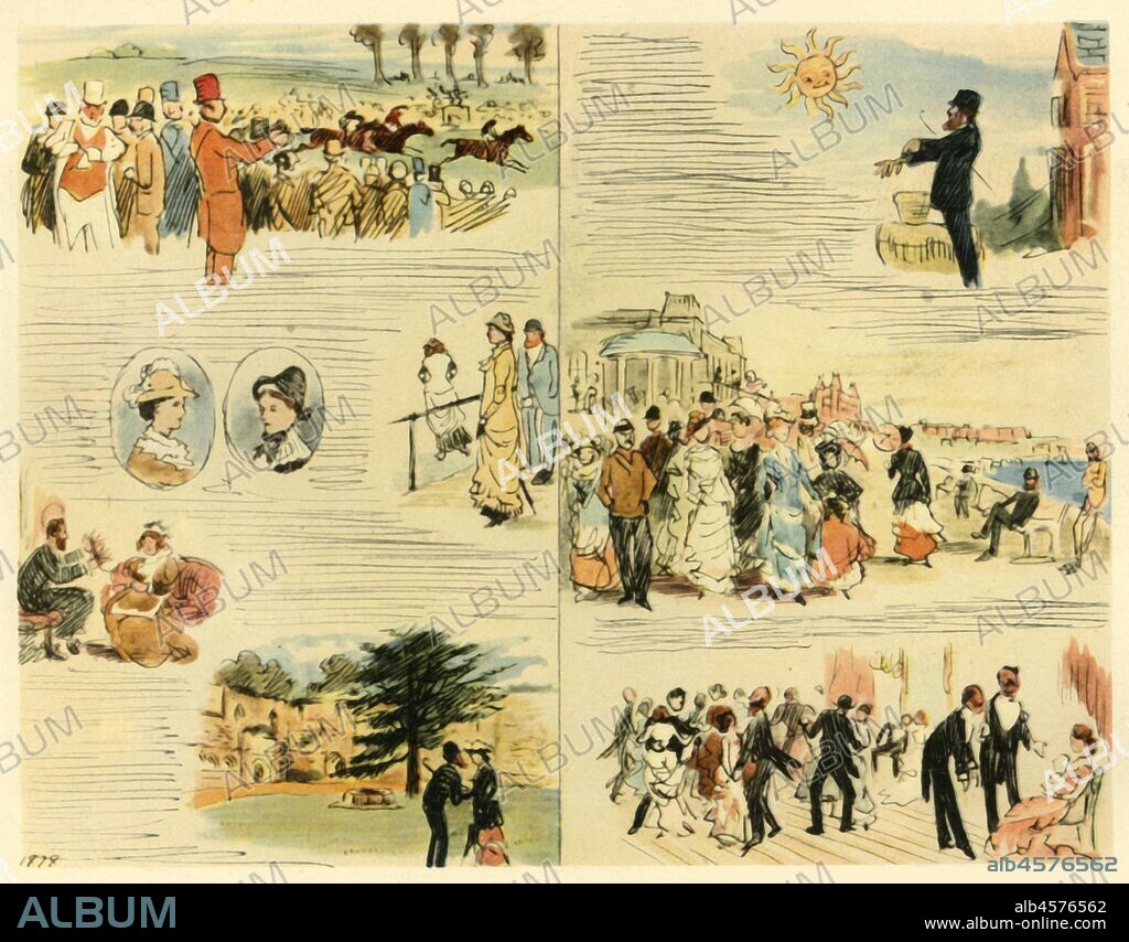 RANDOLPH CALDECOTT. 'Scenes from a Victorian Summer', 1878, (1942). Page layout with illustrations and indications of the placement of text. 'Design for the Summer Number of "The Graphic" [newspaper], 1878. From "Life Among the English", by Rose Macaulay. [Collins, London, 1942].