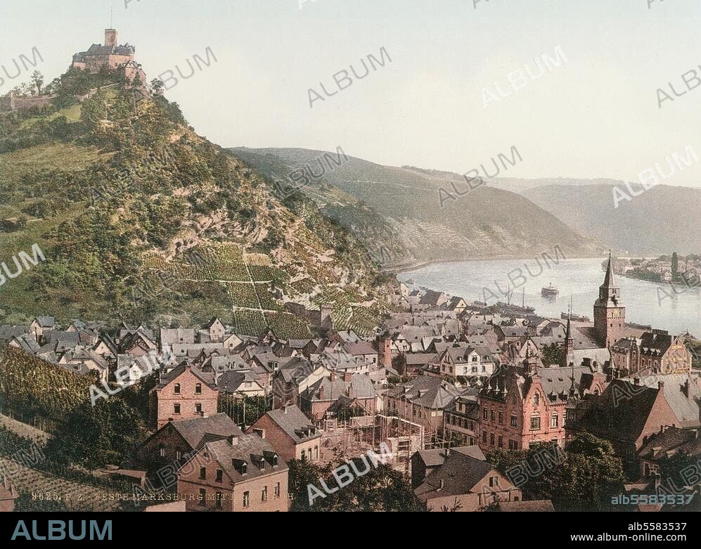 Marksburg bei Braubach am Rhein (Rheinland-Pfalz). (13./15. Jahrhundert). "Feste Marksburg mit Braubach". Photochrom, Februar 1899 (P.Z. 9625).