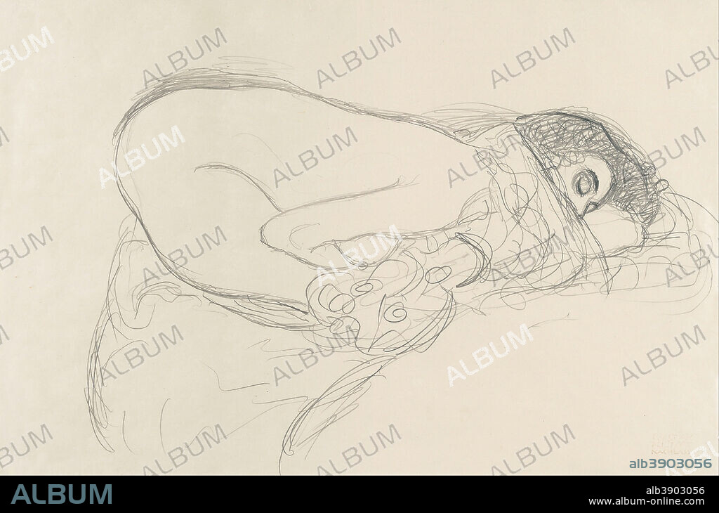 GUSTAV KLIMT. Vornübergebeugter Halbakt (Vorarbeit zum Bild "Leda") Semi-Nude leaning forward (Preparatory Work for the Painting Leda). Date/Period: 1913/14. Drawing. Height: 370 mm (14.56 in); Width: 560 mm (22.04 in).