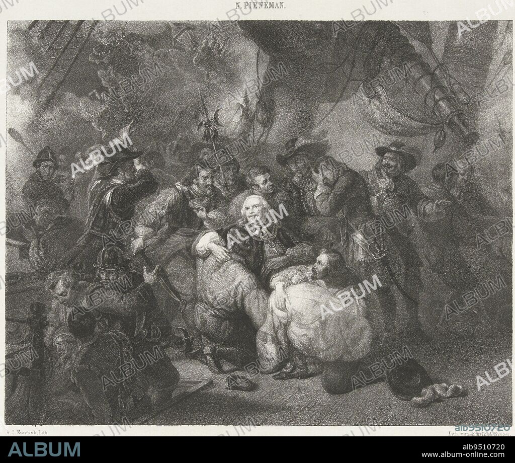 Admiral Michiel de Ruyter is mortally wounded during the naval battle of Agosta on April 22, 1676 between a combined Dutch-Spanish fleet under Michiel de Ruyter and a French fleet under Abraham Duquesne. In all the fierceness of the battle, De Ruyter is wrapped in a sheet by his crew and carried to his cabin, Admiral Michiel de Ruyter is mortally wounded during the naval battle at Agosta, 1676 Admiral de Ruyter. 22 April 1676 , print maker: Adolf Carel Nunnink, (mentioned on object), after: Nicolaas Pieneman, (mentioned on object), printer: Emrik & Binger, (mentioned on object), Netherlands, 1840 - 1894, paper, h 260 mm × w 369 mm.