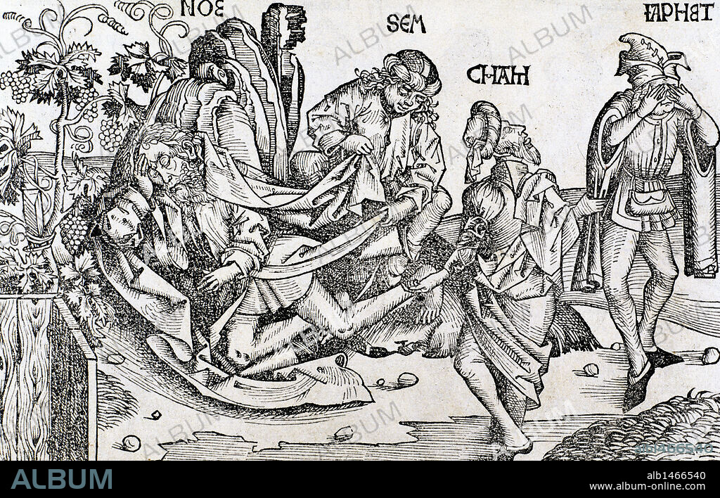 La embriaguez de Noé. Jafet, Cam y Sem encuentran a su padre Noé bebido y desnudo y cubren su desnudez con un manto. Grabado del siglo XVI.