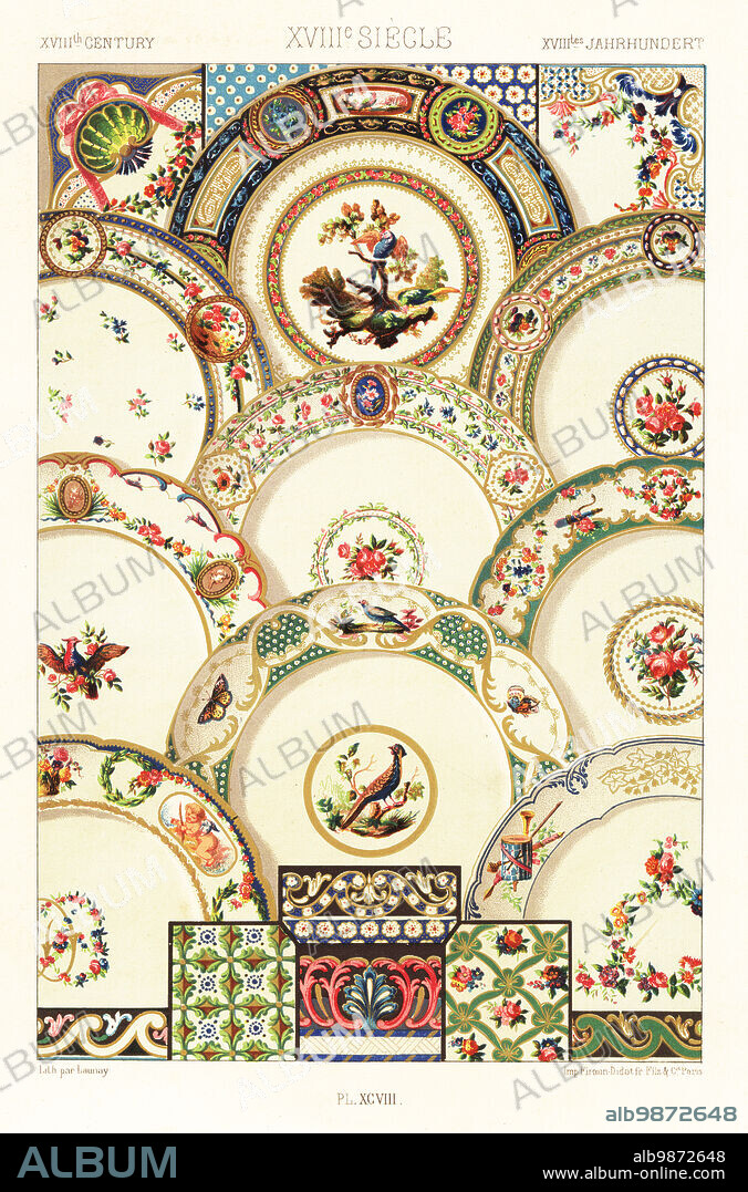 Paintings on Sevres porcelain, 18th century. Plate from the Birds of Buffon and other services, corners, grounds and borders of trays. XVIIIme Siecle. Hand-finished chromolithograph by Launay from Albert-Charles-Auguste Racinets LOrnement Polychrome, (Polychromatic Ornament), Firmin-Didot, Paris, 1869-73.