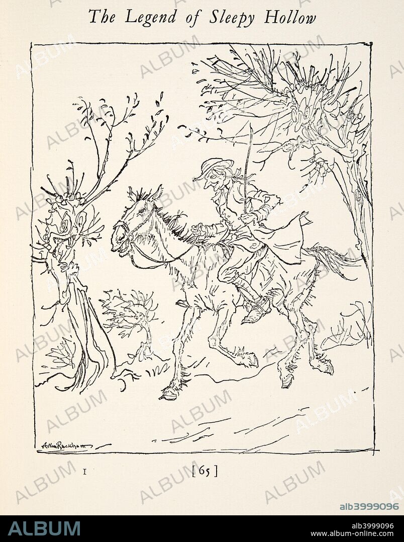 Ichabod Crane escaping from the Headless Horseman,  from The Legend of Sleepy Hollow by Washington Irving (1783 - 1859), pub. 1928 (colour lithograph).