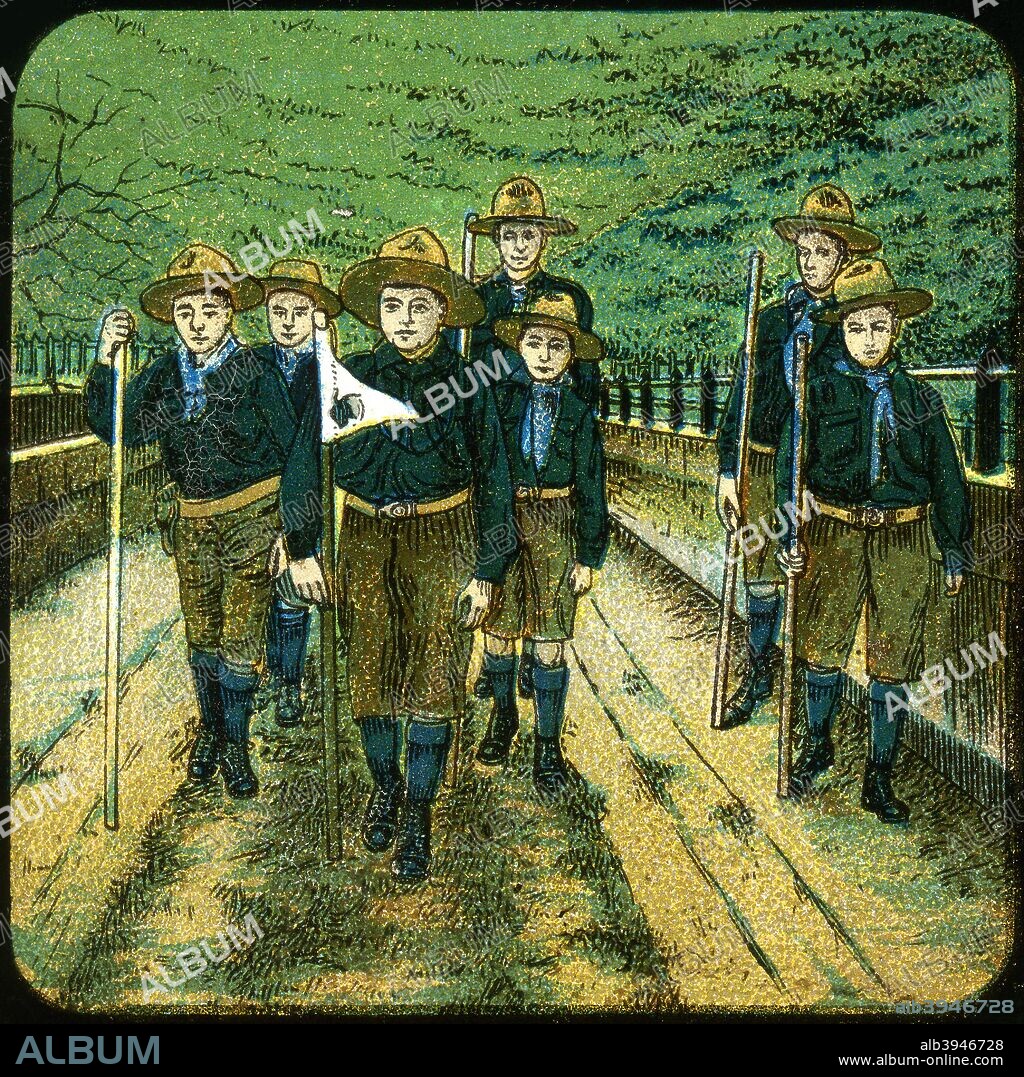 Boy scouts, 20th century. The boy scout movement was started in 1907 by Lieutenant-General Robert Baden-Powell (1857-1941). Its intention was to foster outdoor activities to develop character, citizenship, and personal fitness qualities among young boys. Lantern slide.
