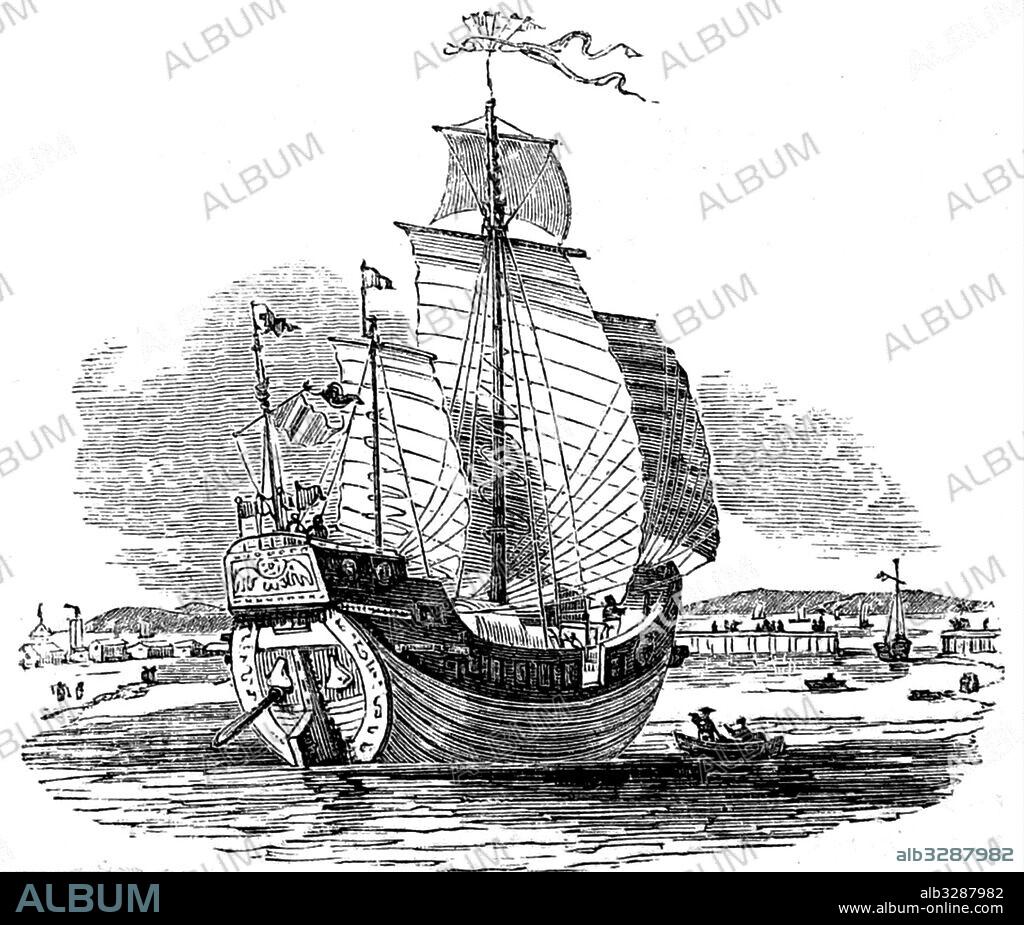 Engraving of a Chinese Junk, an ancient Chinese sailing ship design, with a sternpost rudder. Dated 19th Century.