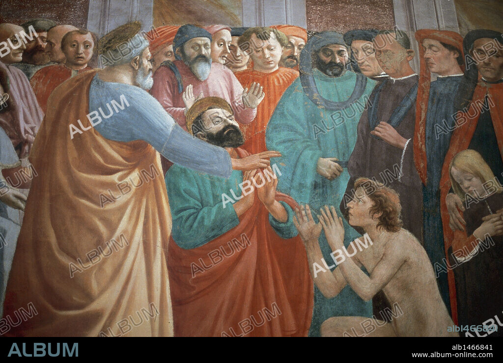 FILIPPINO LIPPI et MASACCIO. Masaccio (1401-1428). Painter of the Quattrocento period of the Italian Renaissance. Resurrection of the Son of Theophilus. 1425. Fresco in the Brancacci Chapel in Santa Maria del Camine, Florence. Italy.