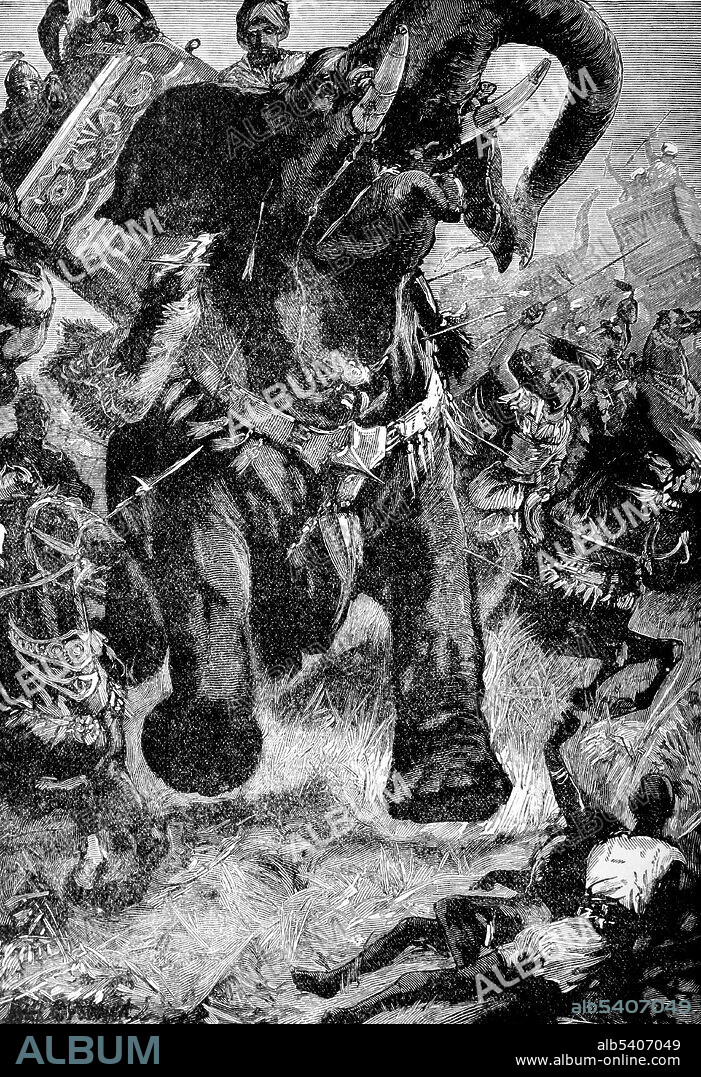The Battle of the Hydaspes was fought in 326 BC between Alexander the Great and King Porus of the Paurava kingdom on the banks of the Jhelum River (known to the Greeks as Hydaspes) in the Punjab region of the Indian subcontinent. Alexander's decision to cross the monsoon-swollen river despite close Indian surveillance, in order to catch Porus's army in the flank, has been referred to as one of his masterpieces. The Indian war elephants were heavily armored and had castle-like howdahs on their back carrying a trio of archers and javelin men. The battle resulted in a Greek victory and the surrender of Porus. Cyclopedia of Universal History by John Clark Ridpath, 1890 (cropped and cleaned).