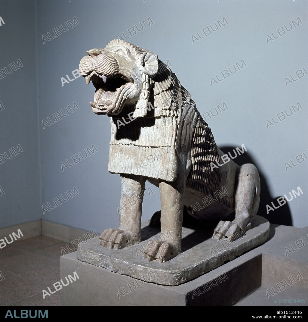 Lion statue from Tell Armal, terra cotta, 1800 B.C., Ancient Near East, Iraq, Baghdad, Iraq Museum.