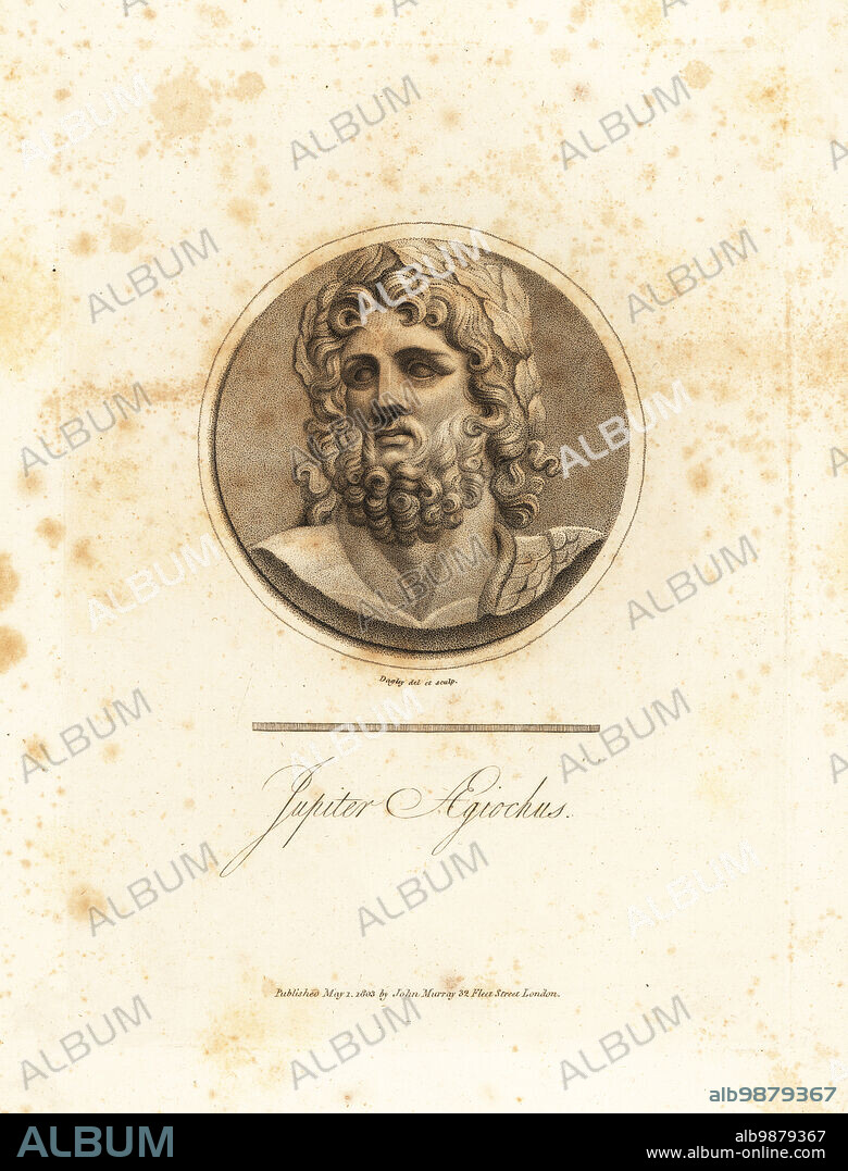 Bust of the Roman god Jupiter Aegiochus in breastplate of divine armour or aegis. From a cast in the Musee Nationale, Paris. Copperplate engraving drawn and engraved by Richard Dagley from Gems, Selected from the Antique, with Illustrations, John Murray, London, 1804.