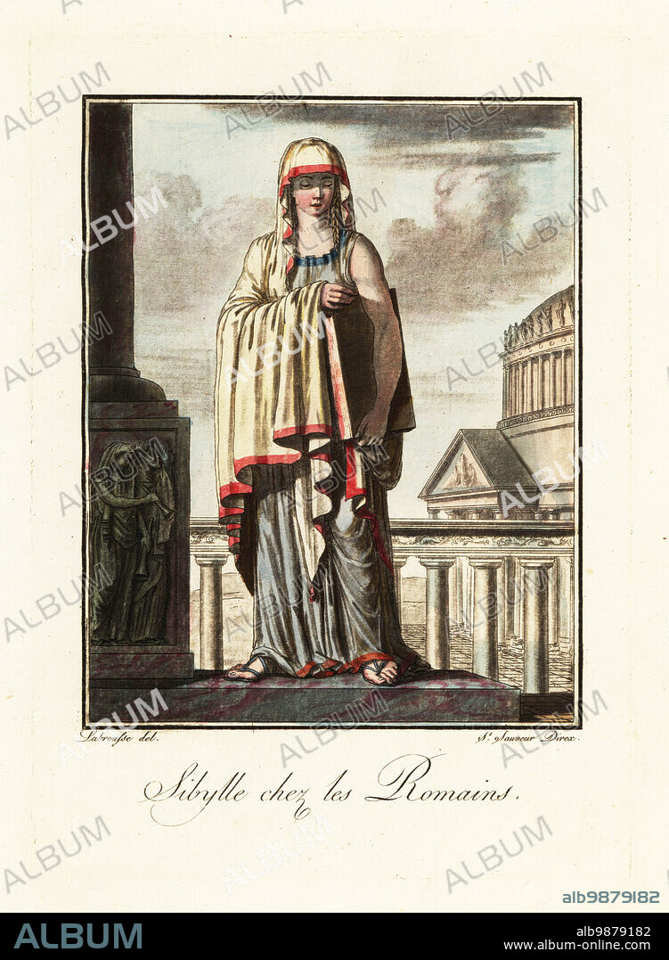 Sibyl, an oracle or prophetess, ancient Rome. In palla or shawl and stola. holding a book like the Tiburtine Sibyl or Albunae. Sybille chez les Romains. Handcoloured copperplate drawn and engraved by L. Labrousse, artist of Bordeaux, under the direction of Jacques Grasset de Saint-Sauveur from his Lantique Rome, ou description historique et pittoresque, Ancient Rome, or historical and picturesque description, Chez Deroy, Paris, 1796.