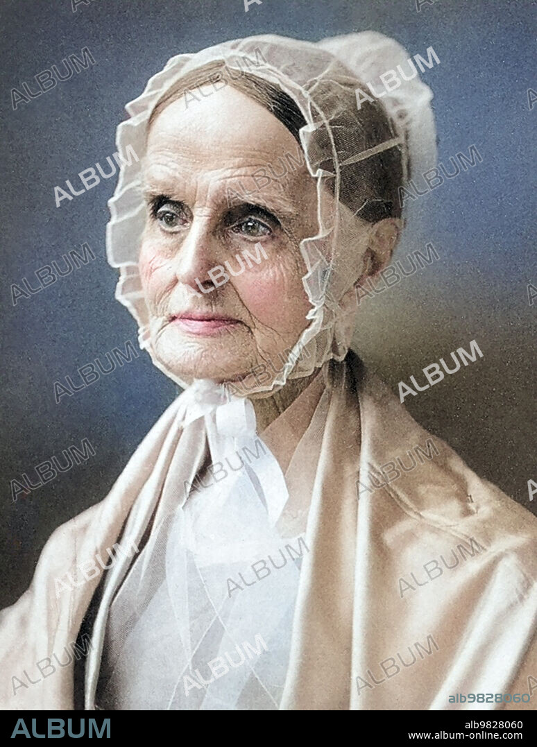 Lucretia Mott (1793-1880) was an American Quaker, abolitionist, women's rights activist, and social reformer. She was inspired to fight for women's rights when she was excluded with other women from the World Anti-Slavery Convention held in London in 1840. In 1848 she was one of the leaders of the Seneca Falls Convention, the first women's rights convention in the US. Photographed by F. Gutekunst in Philadelphia, circa 1870s.