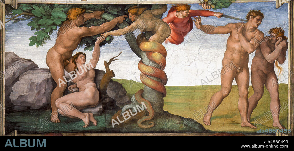 MICHELANGELO BUONARROTI. The Expulsion from the Paradise (Sistine Chapel ceiling in the Vatican).