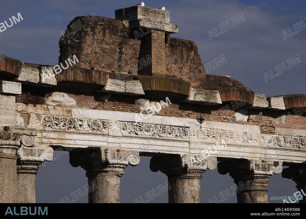 Italy. Rome. Roman Forum. Temple of Saturn. Built in 497 BC. Front porch. Detail.