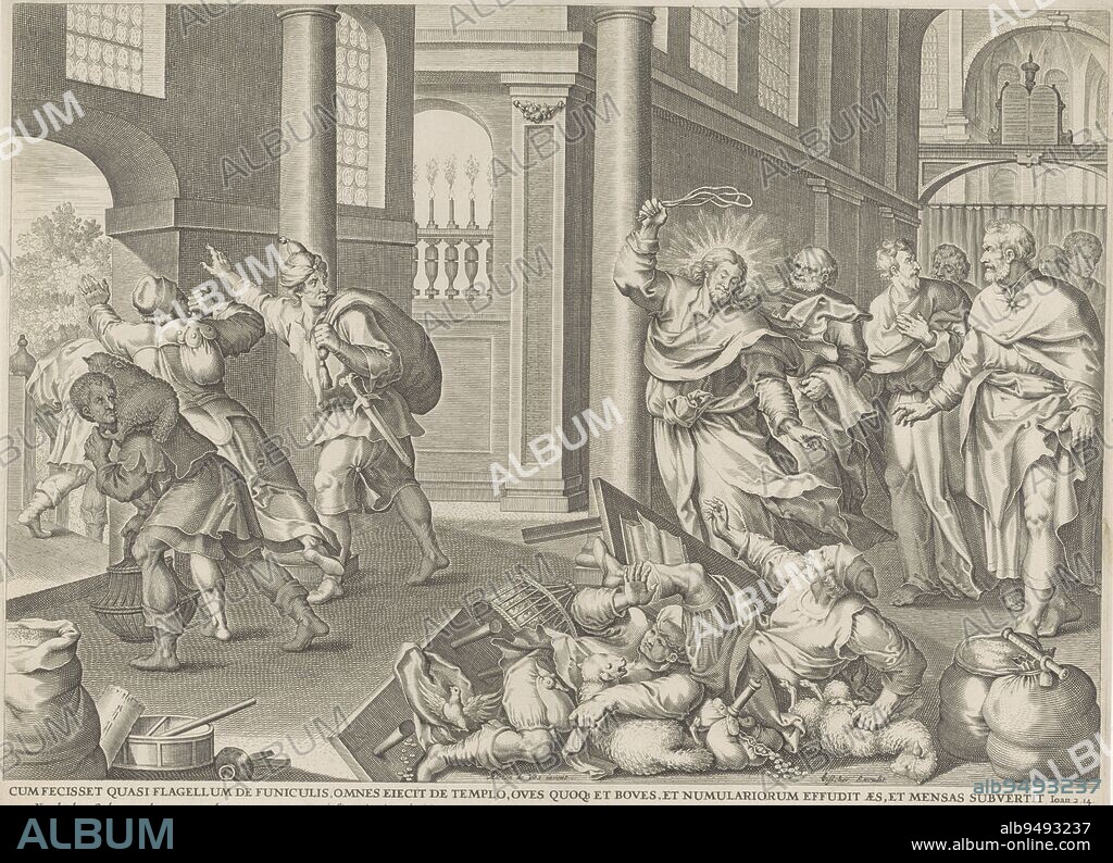 Christ drives out the merchants and money changers from the temple with a whip On the left, three men flee In the foreground, two men lie near their overturned tables, money and merchandise on the ground Below the scene the title in Latin, four four-line verses in Dutch and a reference to the Bible text in John 2:14, Christ drives out the merchants and money changers from the temple Cum fecisset quasi flagellum de funiculis, omnes eiecit de templo, oves quoq Royaalbijbel , print maker: anonymous, Jacques de Bie, Maerten de Vos, (mentioned on object), Amsterdam, 1630 - 1652 and/or 1630 - 1702, paper, engraving, h 404 mm × w 513 mm.